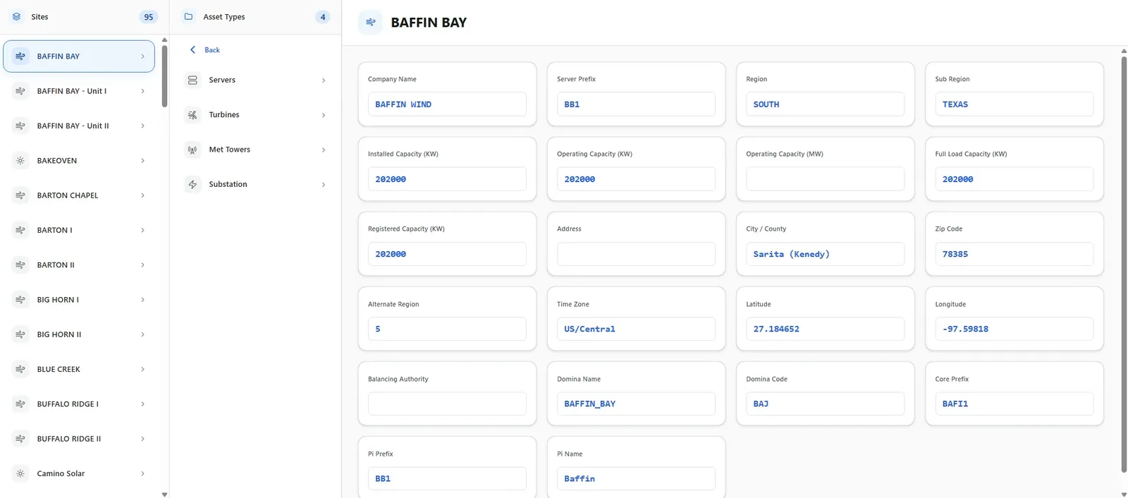 MEW2 data explorer showing the Baffin Bay wind farm and its attributes