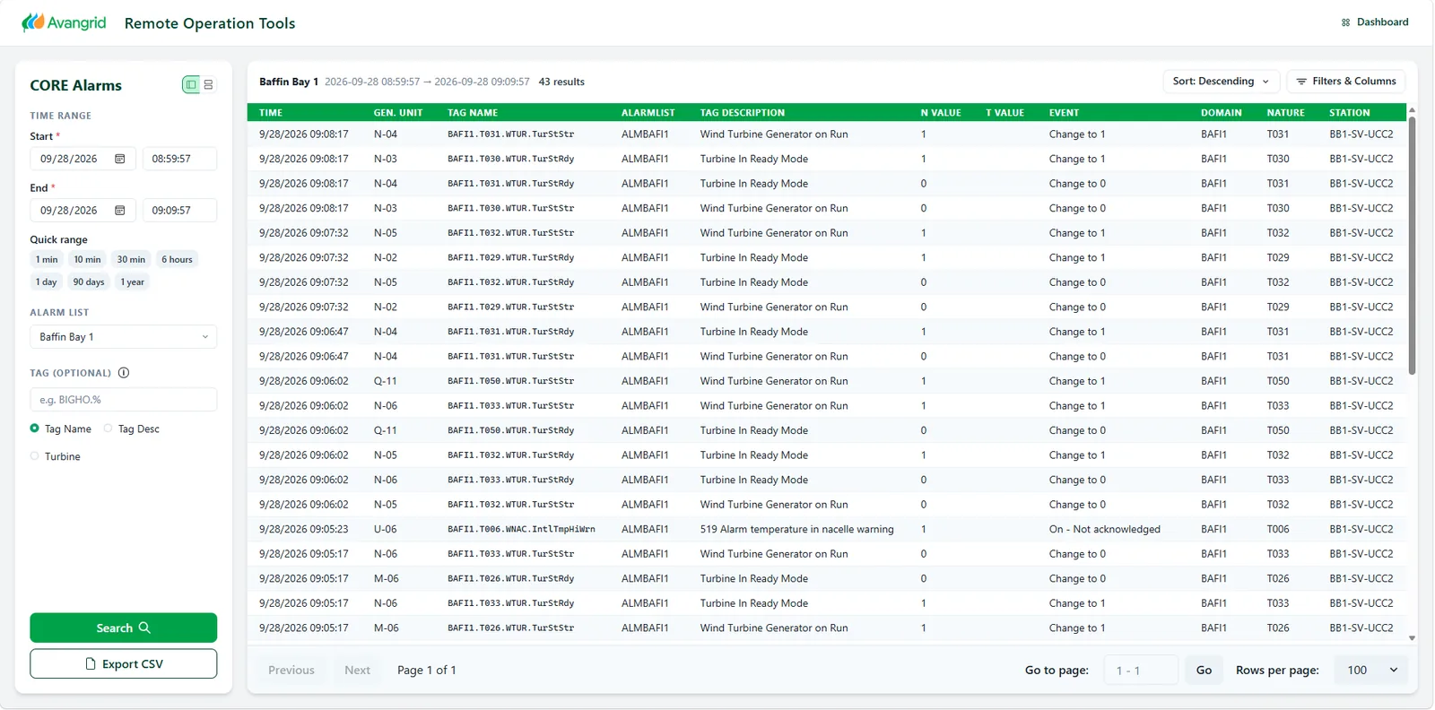 Redesigned CORE Alarms results table with a query panel on the left